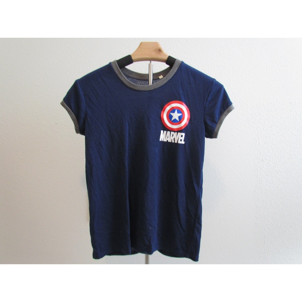 Mighty Fine Marvel T-Shirt Small Blue Captain America Ringer Graphic Tee